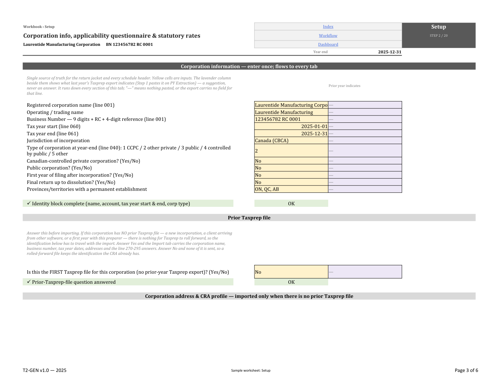 Setup: Engagement inputs, fictional T2 workbook example