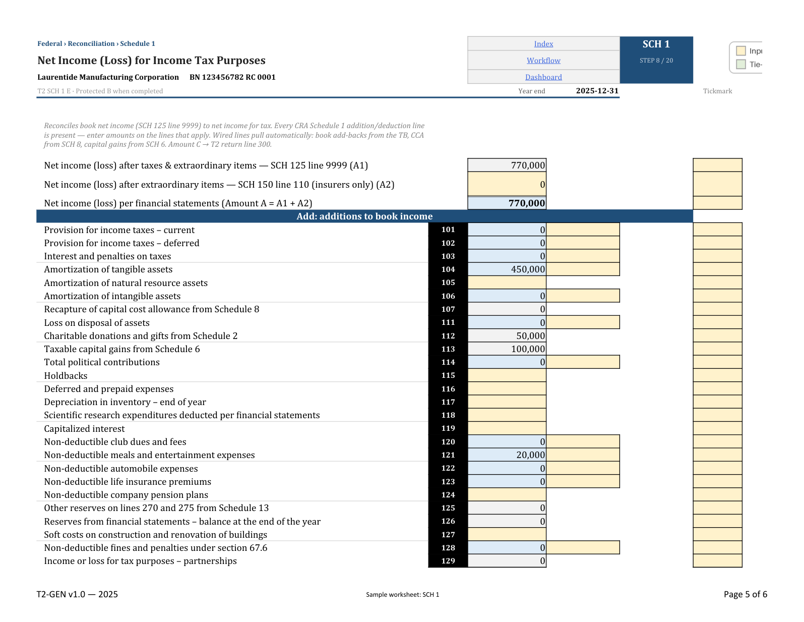 SCH 1: Book-to-tax reconciliation, fictional T2 workbook example