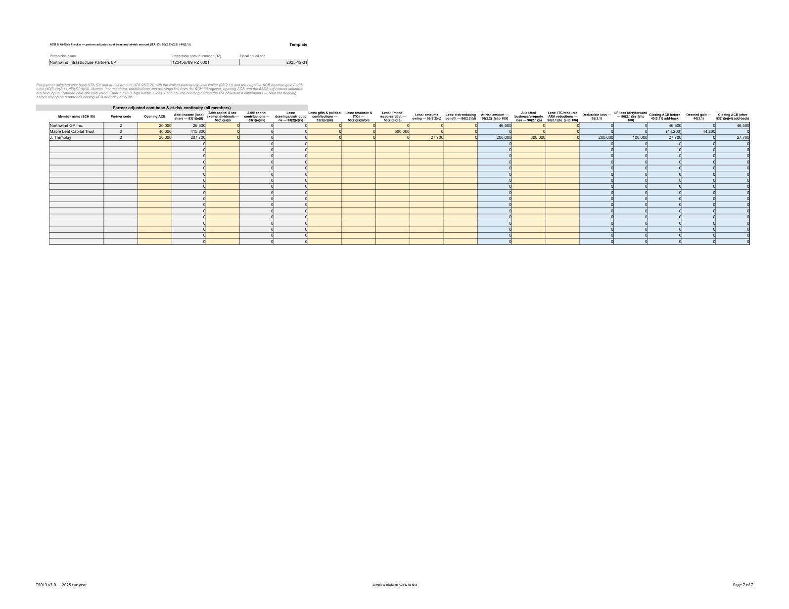 ACB & At-Risk: Partner continuity, fictional T5013 workbook example