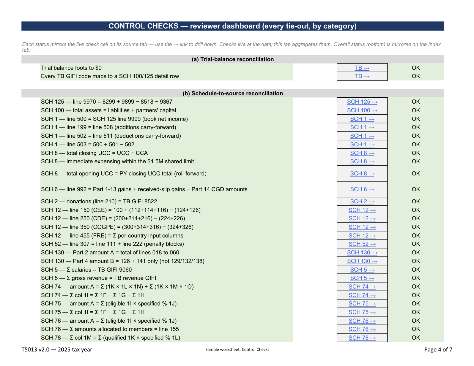 Control Checks: Reconciliation dashboard, fictional T5013 workbook example